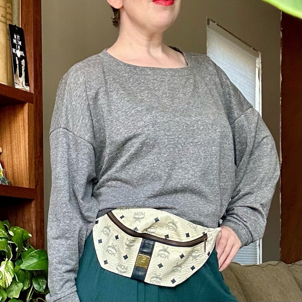 MCM Vintage Monogram Belt Bag in Cream and Navy Blue